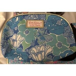 Lilly Pulitzer Estee Lauder Zip Around Blue Green Floral Butterfly Cosmetic Bag